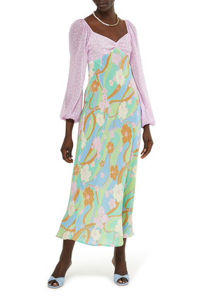 فستان جيو متوسط الطول بتصميم منقط مع نقشة زهور